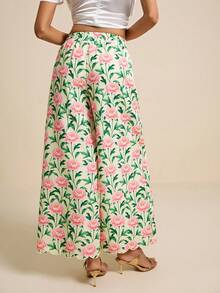 LOTSLUV Women's Elegant Romantic Yellow Rose Floral Print Straight Leg Pants With Embroidered Ruffle Hem, Spring/Summer - Yellow - View 2