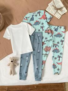 4件套 男童可爱简约卡通恐龙印花短袖睡衣套装 - 彩色 - 查看 2