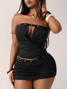 Vadaroq 女士春夏街头风外出度假穿搭 波西米亚复古时尚弹力舒适抹胸上衣搭配金属装饰紧身棕色半身裙两件套 - 黑色 - 查看 3