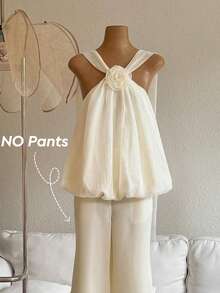 GlowEve 无袖女士衬衫，饰有3D立体花卉灯笼图案，露背设计，配长缎带，时尚优雅。 - 杏色 - 查看 1