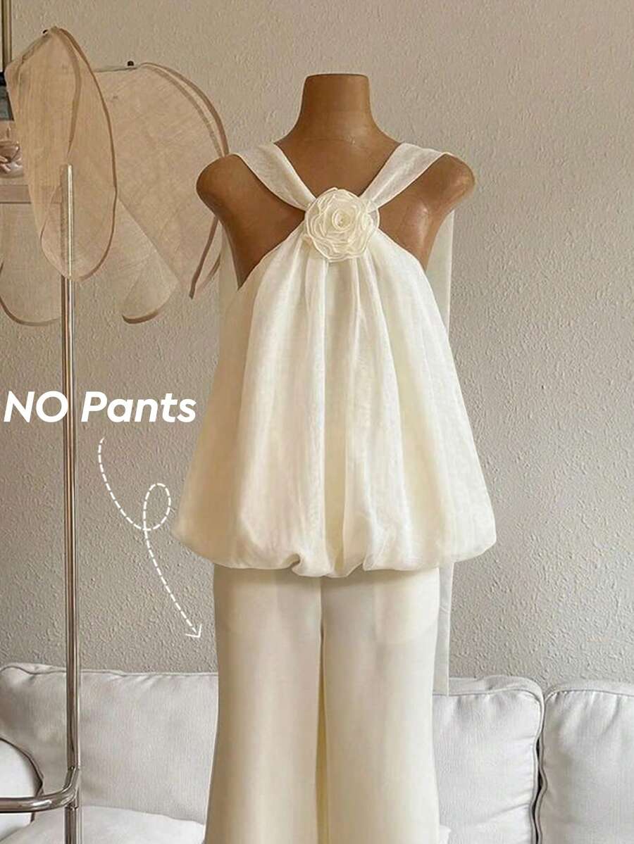 GlowEve 无袖女士衬衫，饰有3D立体花卉灯笼图案，露背设计，配长缎带，时尚优雅。 - 杏色 - 查看 1