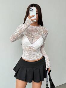 EgrlEra Áo kiểu ren co giãn họa tiết hoa mẫu đơn xuyên thấu gợi cảm dành cho nữ (Cắt ngẫu nhiên) - trắng - Xem 4