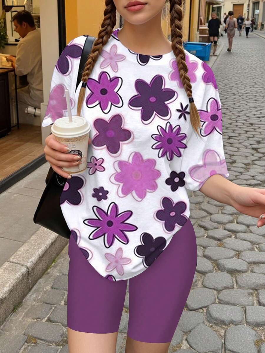 Teen Girl Casual Sweet Colorful Floral Print Set, Lavender, Short Sleeve T-Shirt And Shorts, Suitable For Summer, Vacation, Outdoor Flower Two Piece Girls Teen Flower Tops Flower Top Blouses Girl With Flowers Purple Blouse Teen - Multicolor - View 1