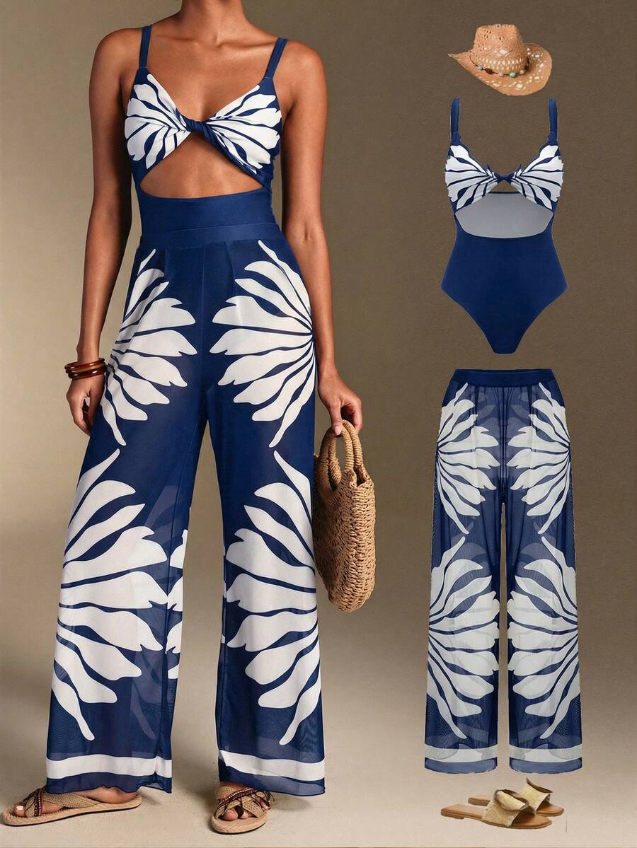 Swim Oasis Women's Tropical Plant Print Hollow-Out One-Piece Swimsuit With Coverup And Pants For Vacation - Blue - View 1