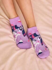 My Little Pony X SHEIN 3雙女款軟綿透氣吸濕甜美短襪，時尚可愛卡通圖案，加強趾尖與後跟，適合夏冬，獨角獸圖案 - 彩色 - 查看 4