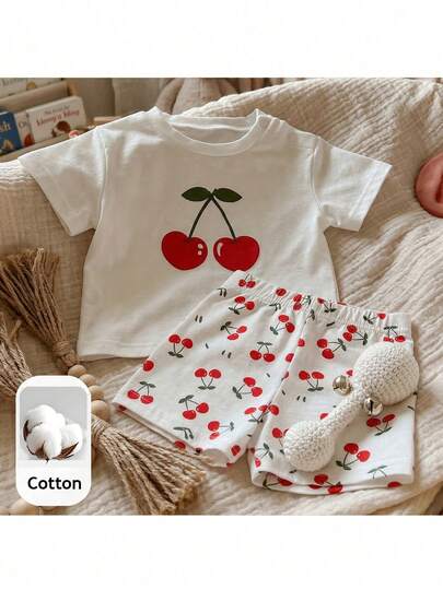 Loomiva 新生儿/婴幼儿女童可爱樱桃印花休闲简约圆领短袖T恤和松紧腰短裤套装，适合春夏穿着