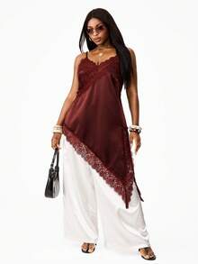 Coolane Débardeur femme grande taille d'été oversize, décontracté, en dentelle, avec ourlet asymétrique, patchwork, couleur unie. Idéal pour la plage et les vacances d'été. - Marron fonçé - Voir 3