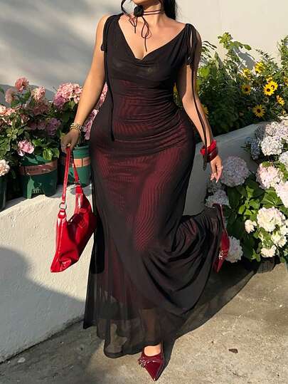 SHEIN EZwear 大码女式优雅网纱垂褶领无袖连衣裙，春夏款