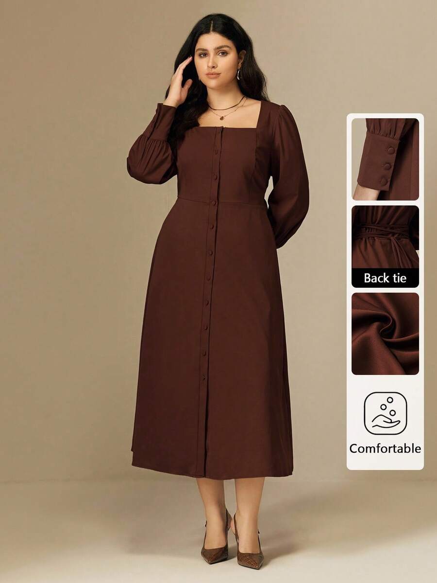 Juhart 大码女式优雅通勤棕色方领单排扣泡泡袖长袖修身修身长款连衣裙 - 棕色 - 查看 1