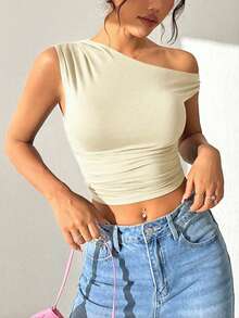 SHEIN EZwear 女士浅黄色无袖露脐背心，米黄色衬衫 - 淡黃色 - 查看 6