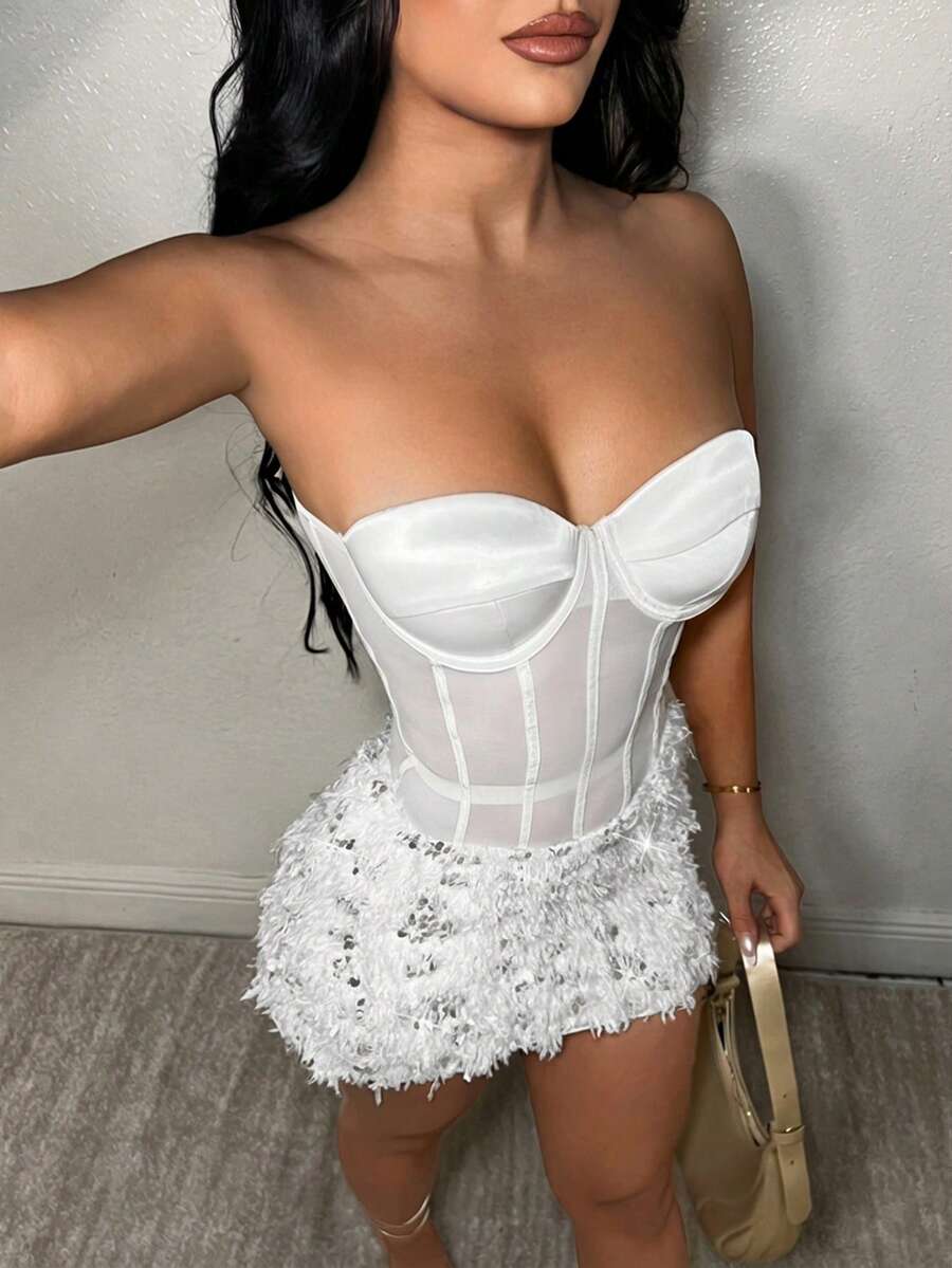 SHEIN SXY 仿皮草豹纹亮片装饰性感抹胸连衣裙 - 白色 - 查看 1