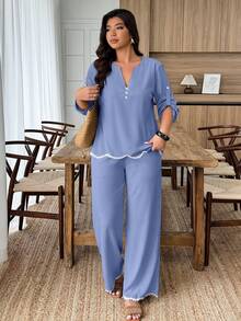 Weeklong Plus Size Women's Spring/Summer Arched Color Block Floral Trim Casual 2 Pieces Set Fall - Dusty Blue - View 6