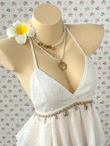 SHEIN Sweet Seashell Decor V-Neck White Camisole Top, Vacation Style - White - View 1