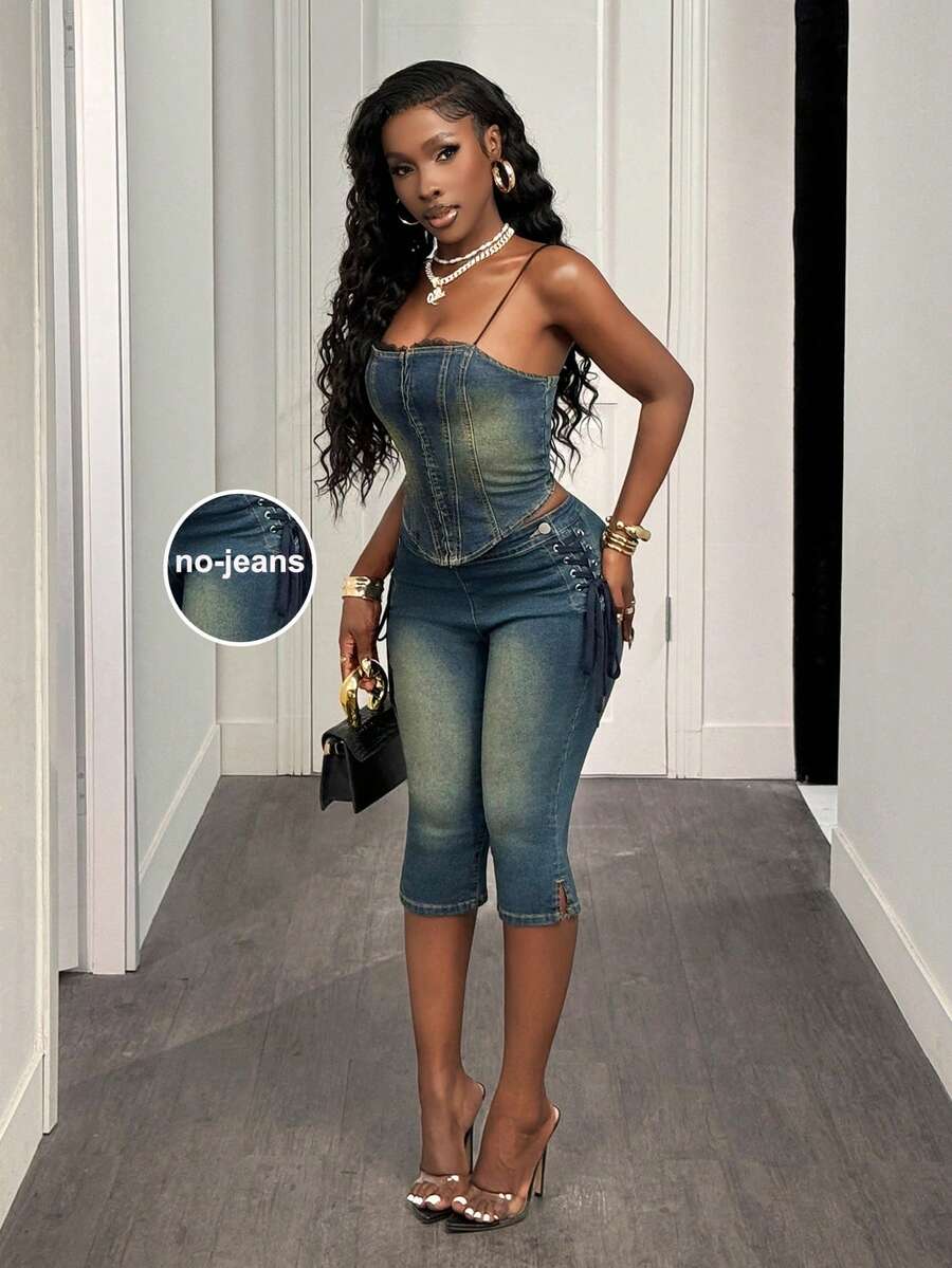 Slaydiva Top de mezclilla ajustado con bajo asimétrico de moda casual para mujer, adecuado para el verano - Azul lavado medio - Ver 1