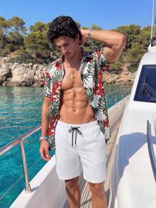 Surfspeed Men's White Floral Leaf Print Button-Up Short Sleeve Shirt And Drawstring Shorts Summer Boho Vacation Holiday Beach Hawaii Tropical Swim Outfits Set - Multicolor - View 5
