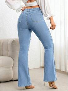 EMERY ROSE Quần jeans ống loe nữ, có túi, cài nút, gấu quần rách, kiểu dáng thường ngày, đa năng, phù hợp đi làm. - Màu xanh lam - Xem 2
