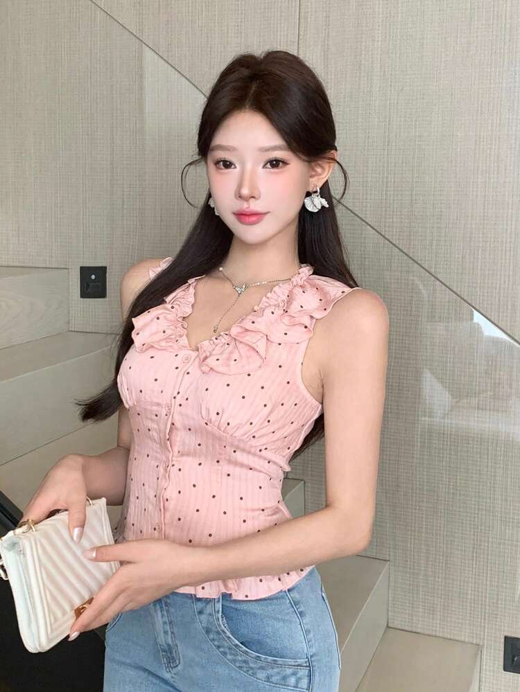 Spring & Summer Polka Dot Lace Blouse, Pink, Fashionable For Valentine's Day, Wedding, Party, Formal Occasion, Elegant Sleeveless Ruffle Trim Vest Cardigan Short Sleeve Shirt For Women