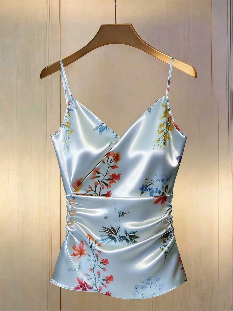 GlowEve Áo hai dây mùa hè in hoa bán chạy nhất với chi tiết nhún eo, áo tank top satin trắng giúp thon gọn vóc dáng. - Màu xanh lam - Xem 1