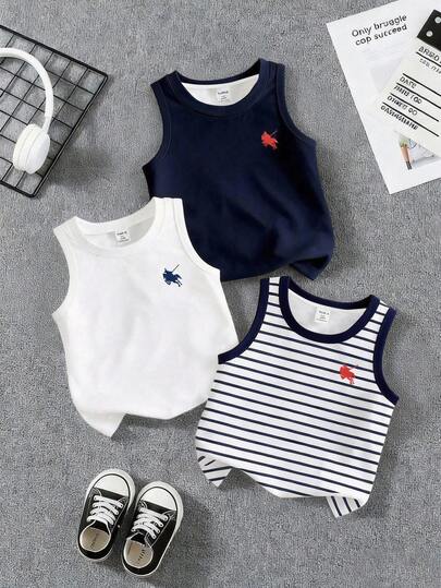 SHEIN Bộ 3 món áo ba lỗ kẻ sọc cổ điển cho bé trai, kiểu dáng rộng rãi thoải mái, dễ phối đồ, thích hợp cho mùa xuân và mùa hè.