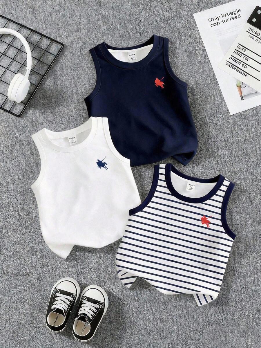 SHEIN Young Boys 3pcs/Set Classic Striped Casual Sleeveless Vest, Loose Comfortable All-Match Undershirt, Suitable For Spring And Summer - Multicolor - View 1