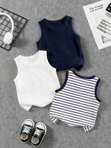 SHEIN Young Boys 3pcs/Set Classic Striped Casual Sleeveless Vest, Loose Comfortable All-Match Undershirt, Suitable For Spring And Summer - Multicolor - View 2