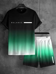 Manfinity Homme Bộ 2 món gồm áo thun ngắn tay cổ tròn in họa tiết tối giản và quần short nam, thích hợp cho mùa hè. - Nhiều màu - Xem 4