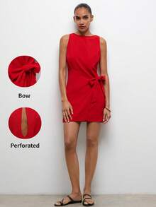 Maija Vestido corto de verano de diseño minimalista elegante, sin mangas y de unicolor para mujer - Rojo - Ver 1