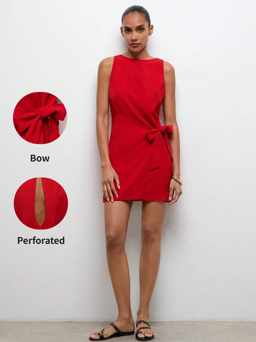 Maija Vestido corto de verano de diseño minimalista elegante, sin mangas y de unicolor para mujer - Rojo - Ver 1