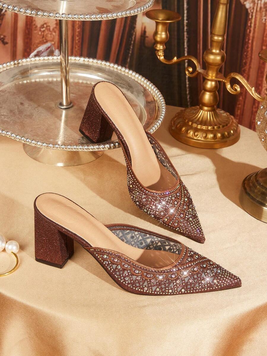 CUCCOO TILAWA Women's Fashionable Party Rhinestone Chunky Heel Pumps - Brown - View 1