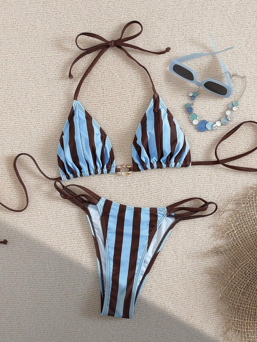 Swim Mod 夏季度假纯色拼接露脐上衣,饰有扎染椭圆形饰边,系带露背吊带,搭配侧系带比基尼泳裤套装 - 彩色 - 查看 1