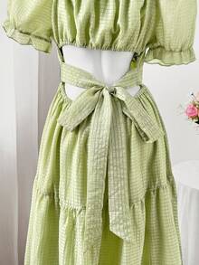 Sweetra Casual Hollow-Out Square Neck Long Cake Dress For Ladies - Green - View 4