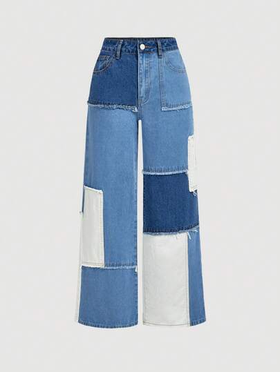 SHEIN MOD Jeans de pierna ancha con parches de colores contrastantes para mujer