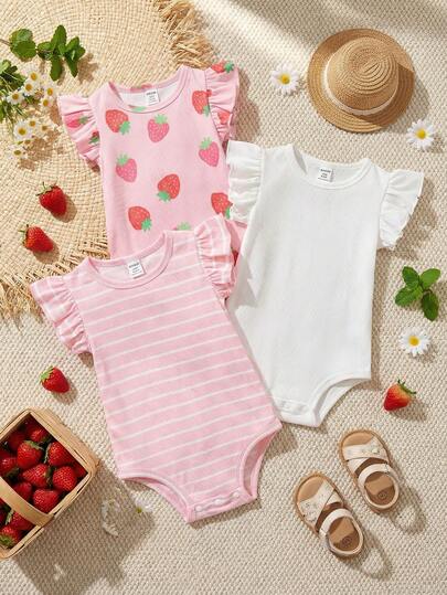 Souflis Souflis 3pcs/Set French Style Strawberry Print Cap Sleeve Romper, Suitable For Staying At Home, Outings And Various Occasions, Cute And Soft, Essential For Adorable Babies Baby Girl Clothes Summer Baby Girl Strawberry Bodysuit Fruit Baby Clothes Baby Girl Summer Bodysuit