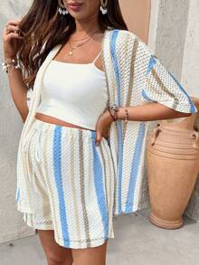 SHEIN 2pcs Maternity Vacation Striped Short Sleeve Kimono Cover Up And Adjustable Waist Shorts Set Beach 2 Piece Summer Two Boho - Multicolor - View 4