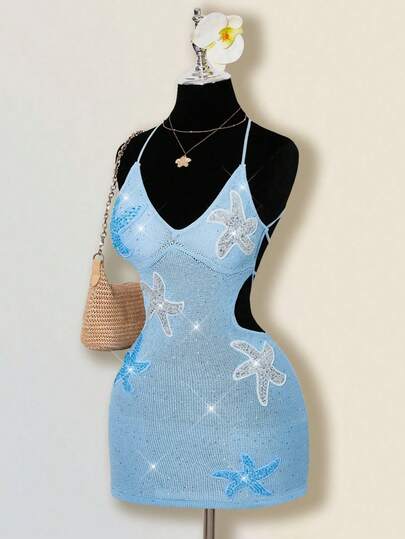 SHEIN ICON Đầm dệt kim hở lưng cổ yếm đính sequin hình sao biển dành cho nữ, thích hợp cho kỳ nghỉ biển.
