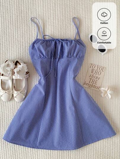 Comfortcana 2026 New Arrival Spring/Summer Women's Casual Plaid Strap Mini Dress, Summer Blue Gingham Dress Blue Sundress Cute Dress Easter Dress Women  Vacation Outfits Women