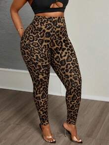 Slaydiva 大码时尚豹纹高腰打底裤 - 彩色 - 查看 5