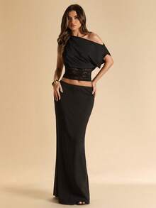 SHEIN BAE Bộ đồ 2 mảnh thanh lịch, tối giản, thường ngày dành cho nữ, thích hợp cho mùa xuân/hè. - màu đen - Xem 5