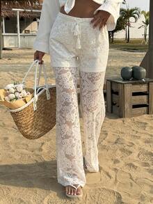 Livesso Pantalones casuales de verano con cordón y parches de encaje para mujer - Blanco - Ver 3