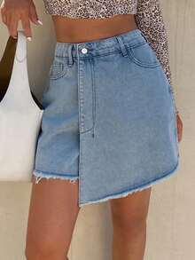 Livesso 女士休闲纯色水洗牛仔迷你裙 Y2K 夏季款 - 藍色 - 查看 4