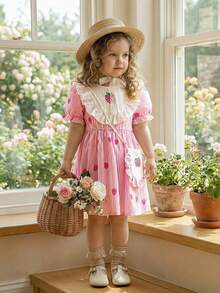 SHEIN Vintaside Kids 1件女婴夏季柔软面料连衣裙，2026春夏新款时尚，度假旅行必备，舒适休闲印花荷叶边下摆白色短袖百搭基础款连衣裙，附赠可爱印花包，适合春夏上学、旅行、度假、日常穿着 - 粉色 - 查看 4