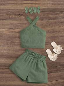 Emery Rose Kids Emery Rose Kids Young Girl Knitted Solid Color Sleeveless Top And Shorts 2 Pieces Set Girls Sage Green Outfit Linen Two Piece Set Mint Green Two Piece Set Little Girl,Kids - Army Green - View 2