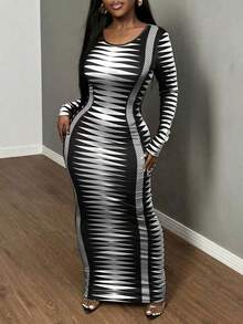 SHEIN SXY Plus Size Women Tight Fitting Abstract Print Long Dress - Black and White - View 3