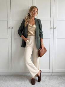 Easowa 女士经典西装外套，适合日常通勤、商务休闲、秋冬季办公室穿着，休闲百搭。 - 軍綠色 - 查看 3