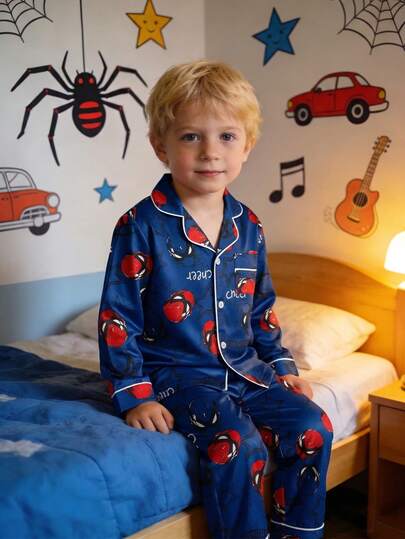 Set de pijama de 2 piezas con chaqueta tipo cardigan de punto con estampado gráfico y pantalones holgados para niño, cómodo y suave