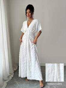 Modelyn 女士白色V领短袖纹理面料连衣裙 - 白色 - 查看 5