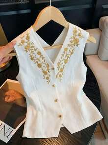 GlowEve Linen-Like Fabric Printed Gold Button Vacation Shirt For Women - Apricot - View 1