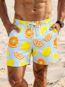 Manfinity Swimmode 男士水果印花抽绳腰带口袋沙滩短裤柠檬泳裤男士短裤度假男士泳裤配套泳池派对服装男士泳裤趣味休闲户外沙滩短裤，抽绳腰带，单层无内衬，非常适合休闲、度假、沙滩装、夏威夷风情。 - 彩色 - 查看 3