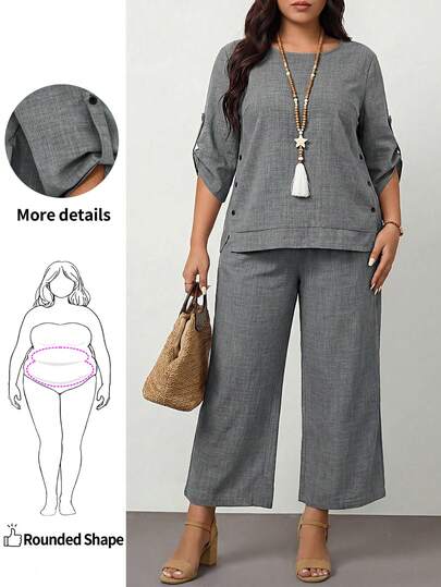 Enliva 2 件大码女式夏季纯色圆领卷边袖衬衫和阔腿裤休闲套装