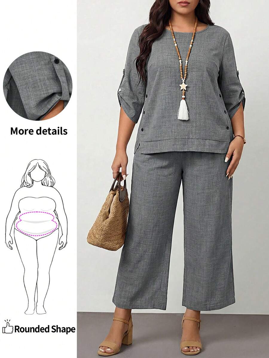 SHEIN Unity 2pcs Plus Size Women Summer Solid Crew Neck Cuffed Sleeve Shirt And Wide Leg Pants Casual Suit, For Apple And Rounded Body Shape - Light Grey - View 1